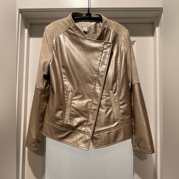 CHICO’S Metallic Asymmetrical Moto Jacket Size 1/8/M Soft Stylish Edgy - Picture 1 of 17